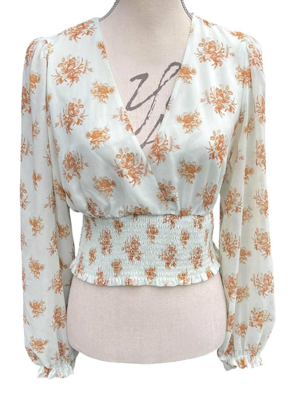 Aritzia Wilfred Snowmelt Blue/Maplewood Floral V Neck Smocked Wistful Blouse (M)